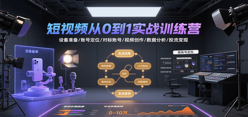 短视频从0到1实战训练营：设备准备/账号定位/对标账号/视频创作/数据分析/投流变现-聚赢网创