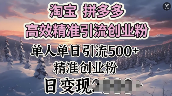 淘宝拼多多高效精准引流创业粉，单人单日引流500+创业粉，日变现多张-聚赢网创