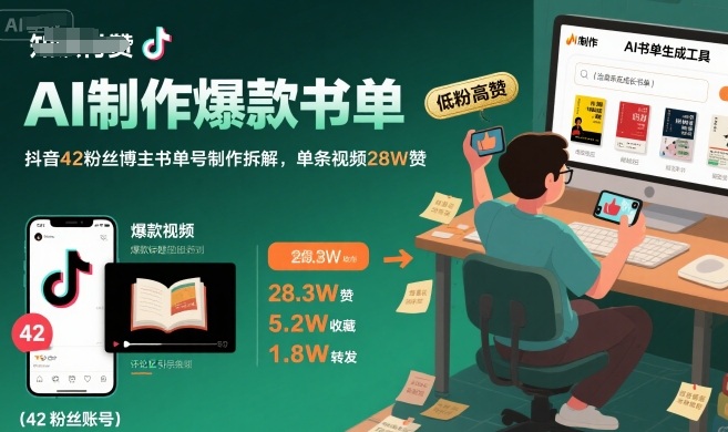 AI制作爆款书单，抖音42粉丝博主书单号制作拆解，单条视频28W赞-聚赢网创